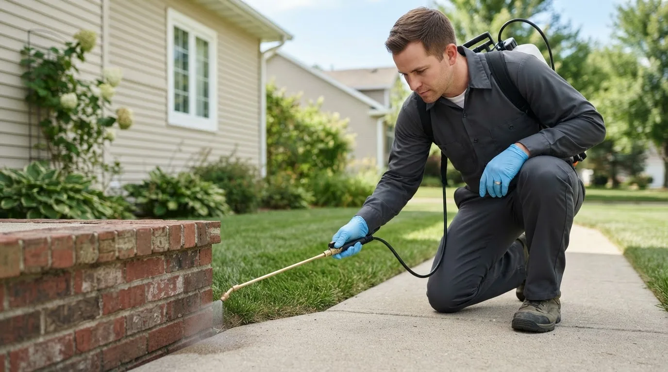Pest control technician treating a home near Zelienople, PA